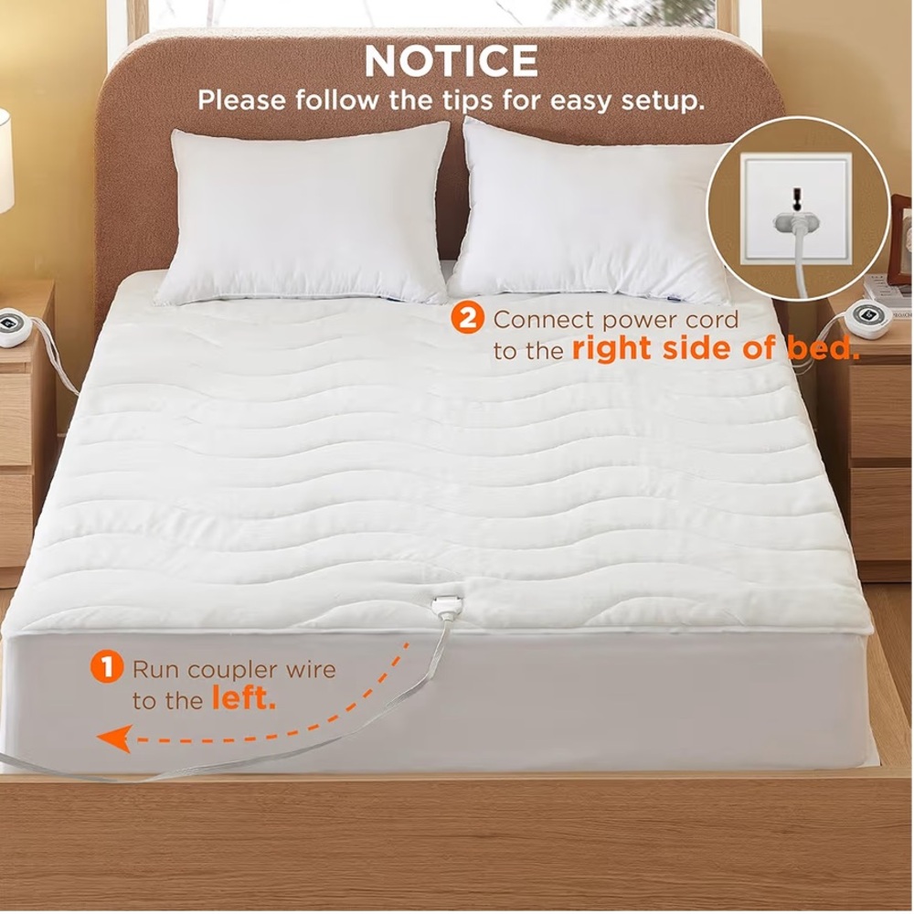 KING SIZE White Coral Fleece Heated Mattress Pad Cover Dual Controller - Picture 11 of 16